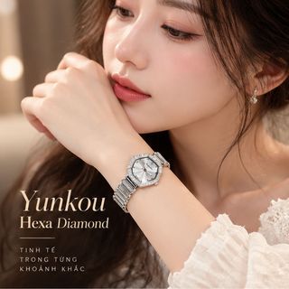 Đồng hồ nữ Yunkou mặt bát giác viền đá dây kim loại sang trọng Yunkou Hexa Diamond