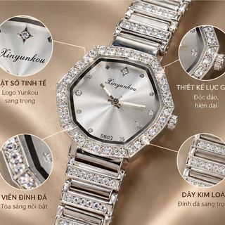 Đồng hồ nữ Yunkou mặt bát giác viền đá dây kim loại sang trọng Yunkou Hexa Diamond