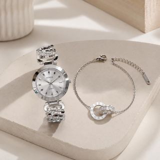 Set đồng hồ nữ dây xích phối vòng tay titan số La Mã sang trọng Gossie – Set Xích Tròn Titan Số La Mã