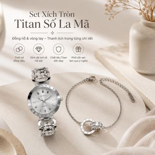 Set đồng hồ nữ dây xích phối vòng tay titan số La Mã sang trọng Gossie – Set Xích Tròn Titan Số La Mã
