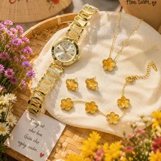 Set đồng hồ nữ phối trang sức cỏ bốn lá vàng sang trọng Gossie – Set Xích Tròn Cỏ Bốn Lá Vàng Huỳnh Quang