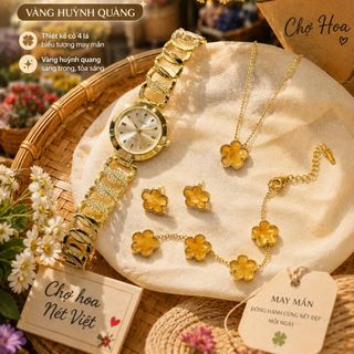 Set đồng hồ nữ phối trang sức cỏ bốn lá vàng sang trọng Gossie – Set Xích Tròn Cỏ Bốn Lá Vàng Huỳnh Quang