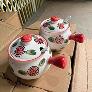 Hũ Chưng , Liễn Sứ , Âu Sứ Họa Tiết Có Tay Cầm Hoa Hồng ( THÙNG 24C )