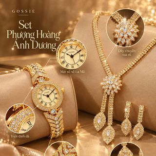 Set đồng hồ nữ phối trang sức đính đá vàng sang trọng Gossie – Set Phượng Hoàng Ánh Dương