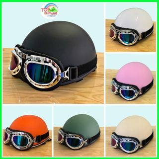 Mũ Bảo Hiểm Nửa Đầu 1/2 Màu Trơn Kèm Kính Phi Công Và KíNh Uv Xốp Ép Nhiệt - Khóa Đỏ Pull Cao Cấp