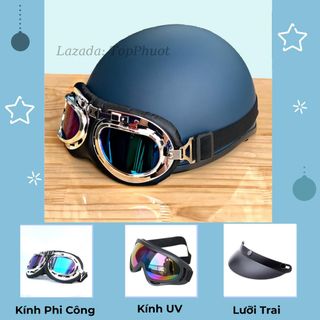 Mũ Bảo Hiểm Nửa Đầu 1/2 Màu Trơn Kèm Kính Phi Công Và KíNh Uv Xốp Ép Nhiệt - Khóa Đỏ Pull Cao Cấp