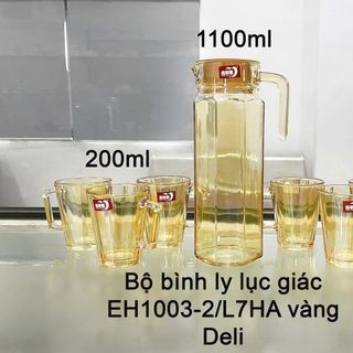 BỘ BÌNH THUỶ TINH LỤC GIÁC VÀNG KÈM 6 LY QUAI DELI EH1003-2L7 (T6)