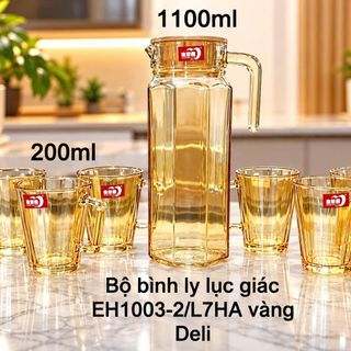 BỘ BÌNH THUỶ TINH LỤC GIÁC VÀNG KÈM 6 LY QUAI DELI EH1003-2L7 (T6)