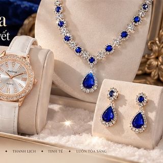 Set đồng hồ nữ dây da trắng phối trang sức Lam Ngọc xanh sang trọng Gossie – Set Melisa Lam Ngọc Tuyết Luxe
