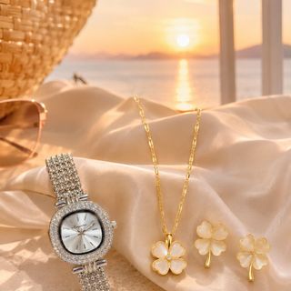 Set đồng hồ nữ dây Mâm Xôi phối trang sức mắt mèo cỏ bốn lá Gossie – Set Yunkou Mâm Xôi Mắt Mèo Cỏ Bốn Lá