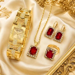 Set đồng hồ nữ xích vuông phối trang sức Ruby đỏ 4 món sang trọng Gossie – Set Xích Vuông Ruby Đỏ
