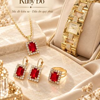 Set đồng hồ nữ xích vuông phối trang sức Ruby đỏ 4 món sang trọng Gossie – Set Xích Vuông Ruby Đỏ