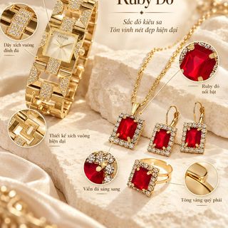 Set đồng hồ nữ xích vuông phối trang sức Ruby đỏ 4 món sang trọng Gossie – Set Xích Vuông Ruby Đỏ