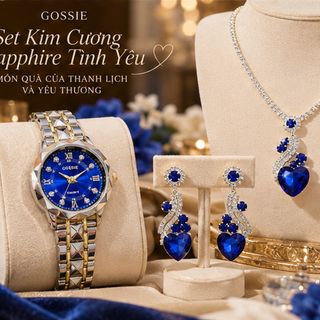 Set đồng hồ nữ phối trang sức Sapphire xanh trái tim sang trọng Gossie – Set Kim Cương Sapphire Tình Yêu