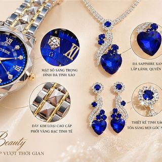 Set đồng hồ nữ phối trang sức Sapphire xanh trái tim sang trọng Gossie – Set Kim Cương Sapphire Tình Yêu