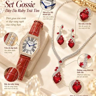 Set đồng hồ nữ dây da đỏ phối trang sức Ruby trái tim sang trọng Gossie – Set Dây Da Ruby Trái Tim