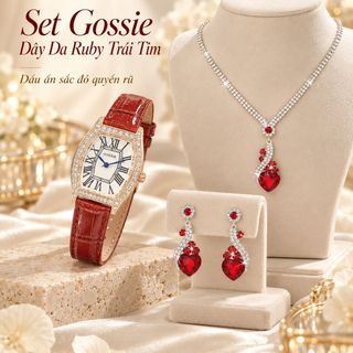 Set đồng hồ nữ dây da đỏ phối trang sức Ruby trái tim sang trọng Gossie – Set Dây Da Ruby Trái Tim