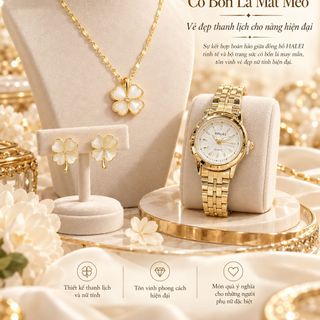 Set đồng hồ nữ Halei 348 màu vàng phối trang sức cỏ bốn lá mắt mèo sang trọng – Set Halei 348 Cỏ Bốn Lá Mắt Mèo
