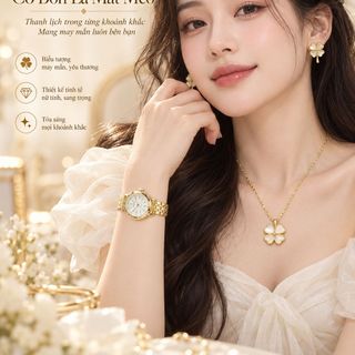 Set đồng hồ nữ Halei 348 màu vàng phối trang sức cỏ bốn lá mắt mèo sang trọng – Set Halei 348 Cỏ Bốn Lá Mắt Mèo