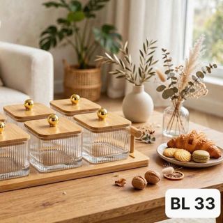 Bộ 6 Mứt Thủy Tinh Vuông Sọc Kèm Khay Gỗ BL 33 (THÙNG 24B)