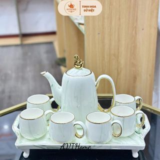 Bộ Bình Cốc Thiên Nga Vân Xanh Ngọc Viền Vàng Kèm Khay (THÙNG )