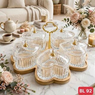 Bộ 5 Mứt Mika Kèm Khay Gỗ Tim Sọc Núm Kim Cương Trắng BL 92 (THÙNG 24B)
