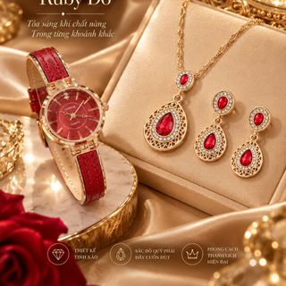 Set đồng hồ nữ dây da đỏ mặt đỏ phối trang sức Ruby đỏ sang trọng Gossie – Set Lắc Phối Da Ruby Đỏ