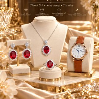 Set đồng hồ nữ Dimini cao cấp dây da nâu phối trang sức Hồng Ngọc đỏ sang trọng – Set Dimini Cao Cấp Hồng Ngọc