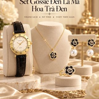 Set đồng hồ nữ dây da đen số La Mã phối trang sức hoa trà đen ngọc trai Gossie – Set Đen La Mã Hoa Trà Đen