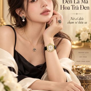 Set đồng hồ nữ dây da đen số La Mã phối trang sức hoa trà đen ngọc trai Gossie – Set Đen La Mã Hoa Trà Đen