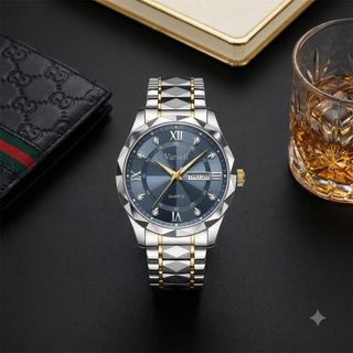 [ VARSETI X NDQ] - M0331- Đồng hồ Nam thiết kế tối giản sang trọng với mặt vát kim cương xanh xám khói đính đá nổi bật, vỏ và dây thép demi vàng vát cạnh độc đáo