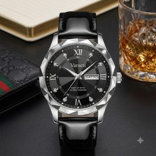 [ VARSETI X VVK ] - Đồng hồ Nam thiết kế tối giản sang trọng với mặt vát kim cương chải tia đính đá nổi bật, vỏ thép bạc vát cạnh kết hợp dây da đen cao cấp