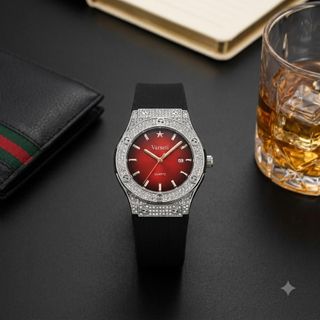 [ VARSETI X DQN ] - M0334 - Đồng hồ Nam thiết kế thể thao thượng lưu nạm full đá viền vỏ, mặt số đỏ chuyển sắc đính ngôi sao nổi bật kết hợp dây cao su đen cao cấp