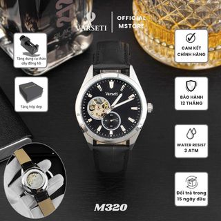[ VARSETI X DQN ] - M320 - Đồng hồ Nam Automatic Cơ lộ máy Luxury thiết kế mặt đen huyền bí dập vân chải tia, vỏ thép bạc kết hợp dây da đen cao cấp