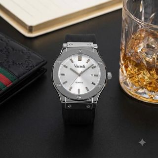 [ VARSETI X VVK ] - M0335 - Đồng hồ Nam thiết kế thể thao thượng lưu viền trơn ốc vít tròn, mặt trắng bạc chải tia tối giản kết hợp dây cao su đen cao cấp