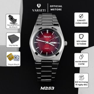[ MS STORE X NB ] M253 – Đồng hồ pin Varseti Quartz nam dây thép tông bạc – Mặt đỏ burgundy sunray, Day-Date lịch thứ & ngày 3h, phong cách doanh nhân cá tính