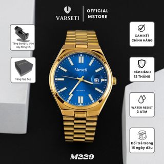 [VARSETI X DQN] M229 - Đồng hồ Cơ Varseti Automatic nam dây thép mạ vàng – Mặt xanh sunburst sang trọng, lịch ngày kính lúp 3h – Lưng lộ máy, phong cách doanh nhân
