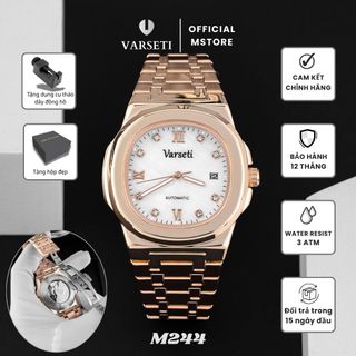 [ VARSETI X DQN ] M244 – Đồng hồ cơ Varseti Automatic nam dây thép mạ vàng hồng – Mặt trắng sang trọng, lịch ngày 3h – Cọc số đính đá kết hợp số La Mã, phong cách doanh nhân lịch lãm