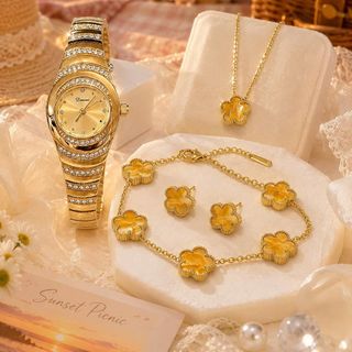 Set đồng hồ nữ đính đá phối trang sức cỏ bốn lá vàng sang trọng Gossie – Set Hoa Mai Cỏ Bốn Lá Hoàng Kim