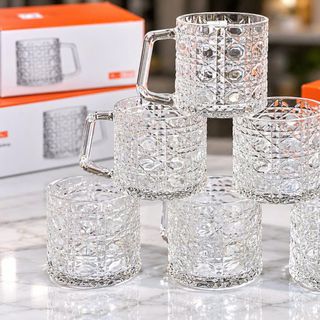BỘ 6 LY THUỶ TINH CÓ QUAI HOẠ TIẾT KIM CƯƠNG DELI 205ml (T8)