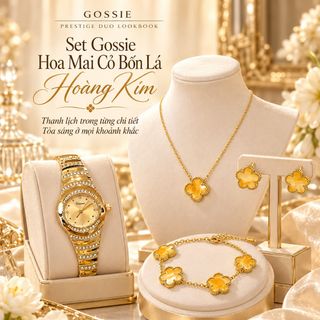 Set đồng hồ nữ đính đá phối trang sức cỏ bốn lá vàng sang trọng Gossie – Set Hoa Mai Cỏ Bốn Lá Hoàng Kim