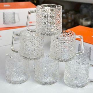 BỘ 6 LY THUỶ TINH CÓ QUAI HOẠ TIẾT KIM CƯƠNG DELI 205ml (T8)