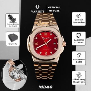 [Deal 9K ĐÌNH TRƯỞNG] M246 – Đồng hồ cơ Varseti Automatic nam dây thép mạ vàng hồng – Mặt đỏ sang trọng, lịch ngày 3h – Cọc số đính đá kết hợp số La Mã, phong cách doanh nhân nổi bật