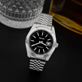 [ĐÌNH TRƯỞNG] M218 - Đồng hồ Cơ Varseti Automatic nam dây thép bạc – Mặt đen sunburst tối giản, vành khía fluted cá tính, lịch ngày kính lúp 3h – Lưng lộ máy, chống nước 3ATM