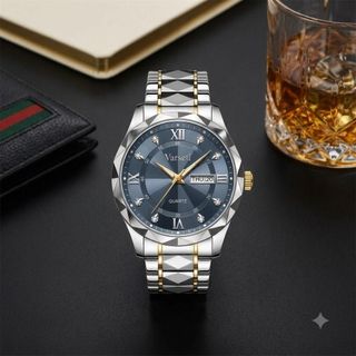 [ Deal 9K Đình Trưởng ] - M0330 - Đồng hồ Nam thiết kế tối giản sang trọng với mặt vát kim cương xanh xám khói đính đá nổi bật, vỏ và dây thép demi vàng vát cạnh độc đáo