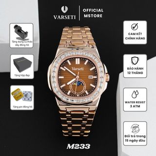 [Deal Xả Kho Độc Quyền ĐÌNH TRƯỞNG2] - M233 – Đồng hồ pin Varseti Quartz nam dây thép mạ vàng hồng – Mặt nâu vân ngang sang trọng, lịch ngày 3h, lịch trăng Moonphase 6h – Viền đính đá baguette cao cấp, phong cách doanh nhân