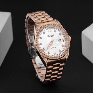 [MSSTORE X ĐÌNH TRƯỞNG] M242 – Đồng hồ pin Varseti Quartz nam dây thép mạ vàng hồng – Mặt trắng sang trọng, lịch ngày 3h – Viền đính đá cao cấp, phong cách doanh nhân lịch lãm