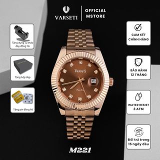 [ MS STORE x NN ] M221 - Đồng hồ Varseti nam dây thép vàng – Mặt nâu/champagne sunburst đính đá, vành khía fluted sang trọng, lịch ngày kính lúp 3h, chống nước 3ATM