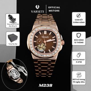 [ Deal 9k Đình Trưởng ] - M238, M99 – Đồng hồ Cơ Varseti Automatic nam dây thép mạ vàng hồng, Mặt nâu vân ngang sang trọng, lộ tim cơ, Viền đính đá baguette, phong cách doanh nhân Không kịp mẫu kia thì còn mẫu M106