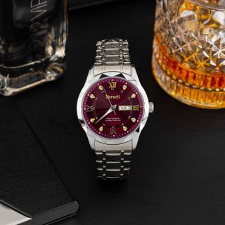 [ DEAL 9K ĐÌNH TRƯỞNG ] - M0322, M99 - Đồng hồ Nam thiết kế tối giản sang trọng với mặt đỏ tím chải tia đính đá nổi bật, vỏ và dây thép bạc vát cạnh độc đáo